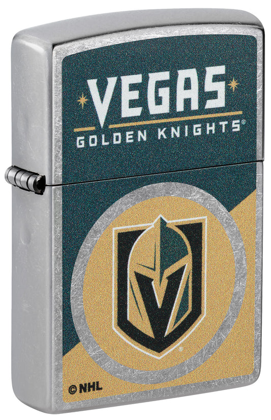 Front shot of Zippo NHL® Vegas Golden Knights® 2024 Street Chrome™ Windproof Lighter standing at a 3/4 angle.