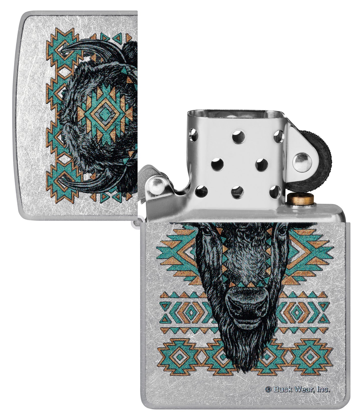 Zippo Buck Wear™ Southwest Bison Design Street Chrome Windproof Lighter with its lid open and unlit.