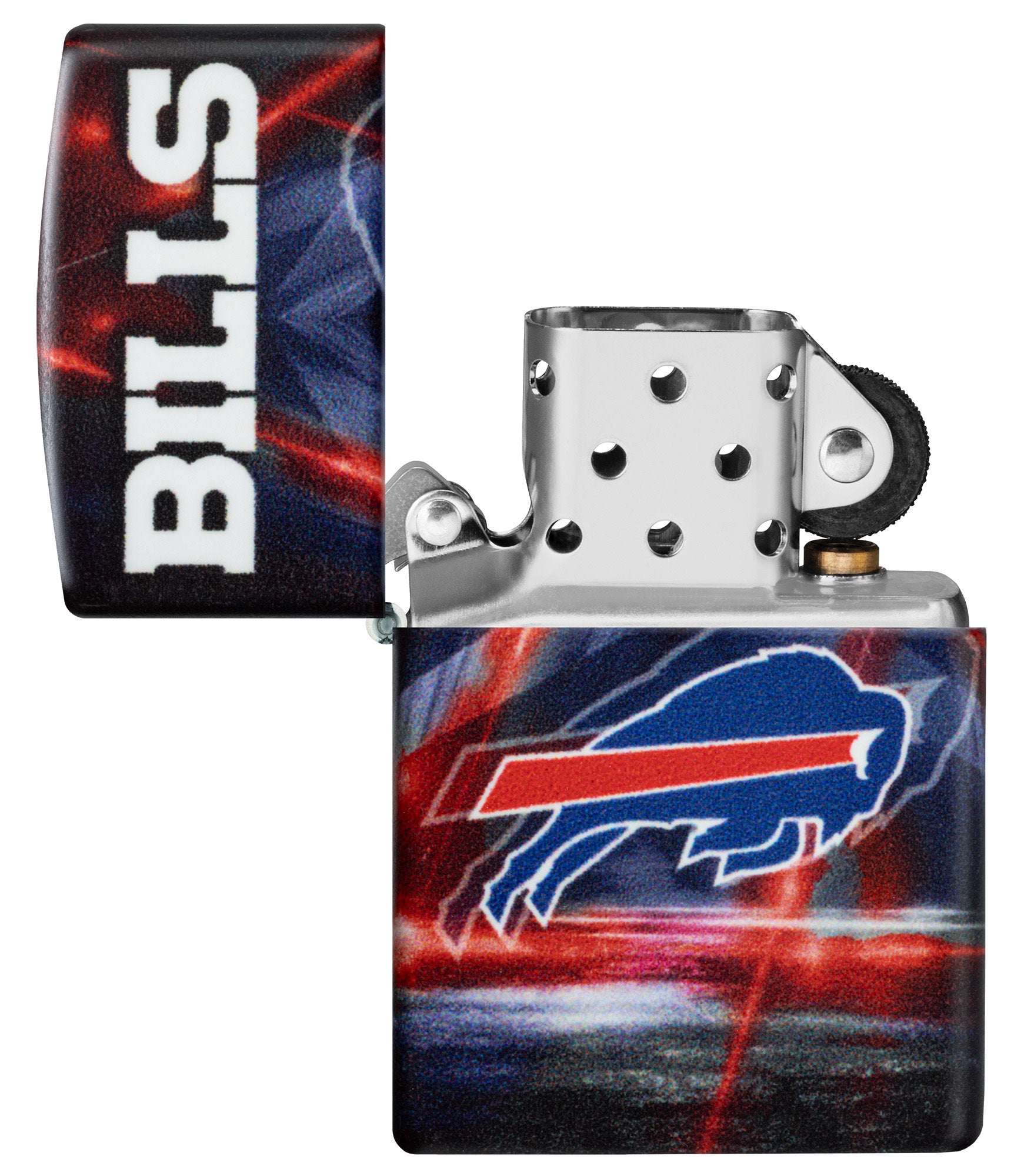 Zippo NFL Buffalo Bills 540 Matte Windproof Lighter with its lid open and unlit.