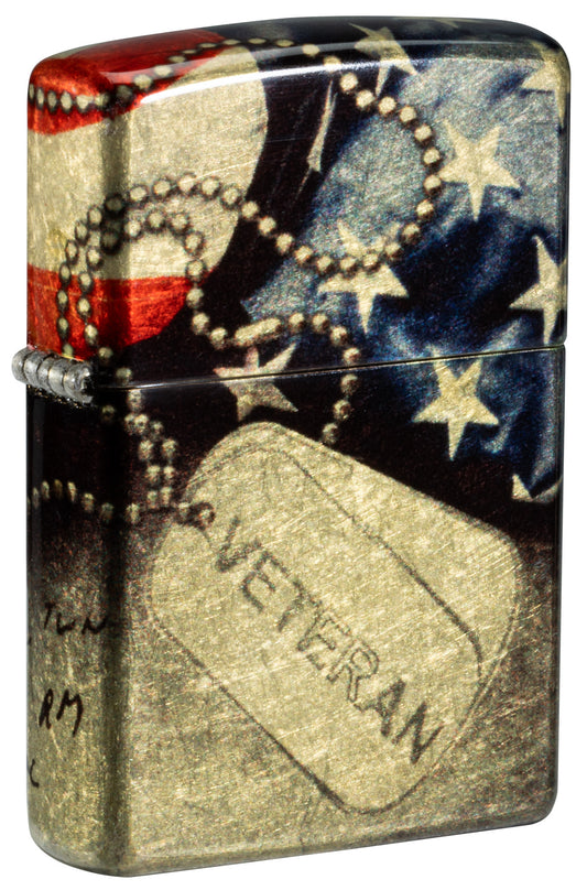 Front shot of Zippo Veterans Commemorative 540 Tumbled Brass Windproof Lighter standing at a 3/4 angle.