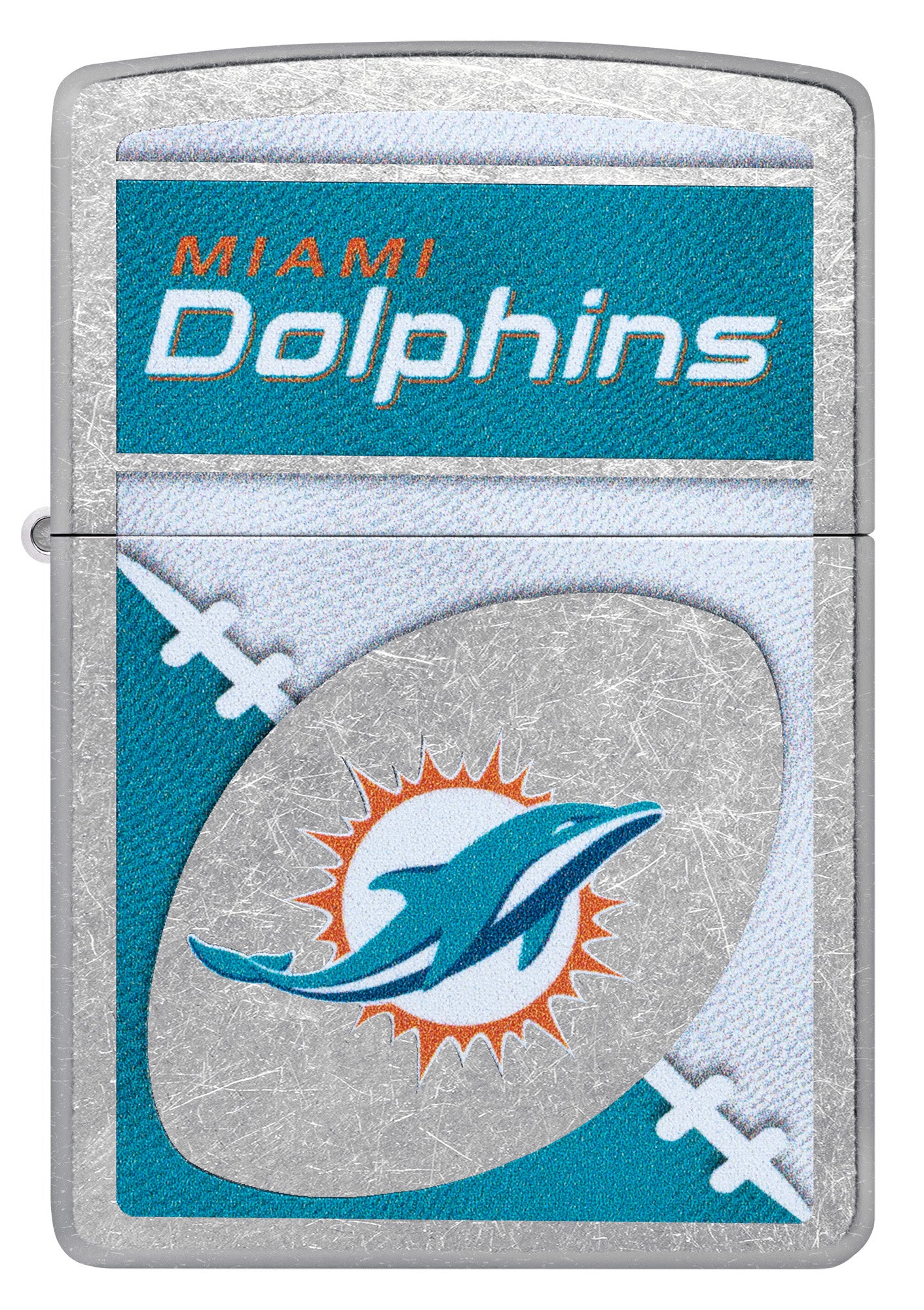 Front view of Zippo NFL Miami Dolphins Street Chrome Windproof Lighter.