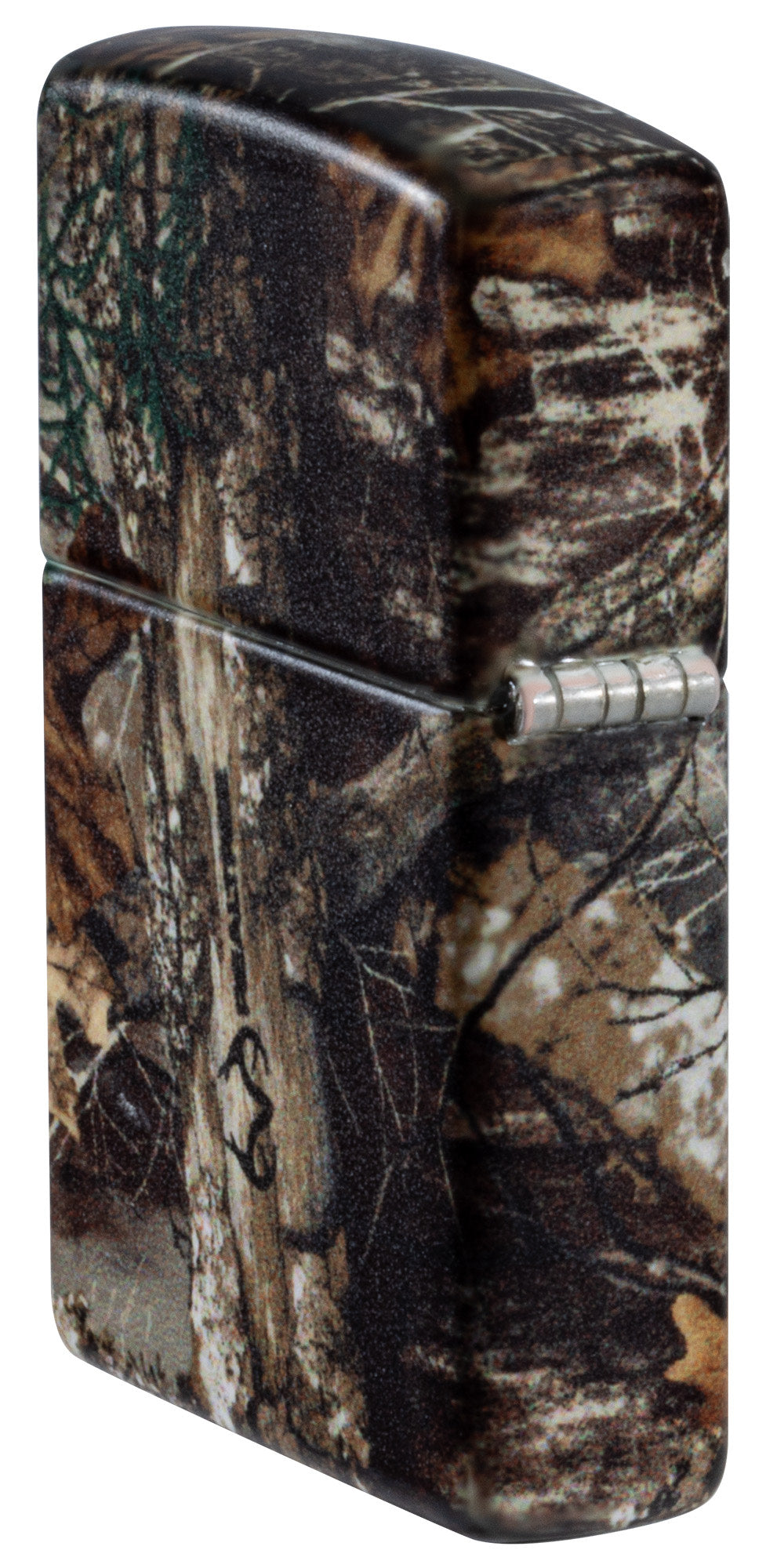 Angled shot of Zippo Realtree® EDGE™ Camo Design 540 Matte Windproof Lighter showing the back and hinge sides of the lighter.