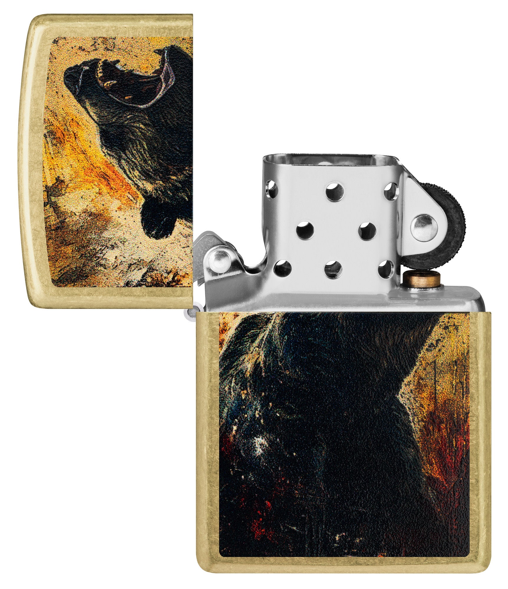 Zippo Grizzly Roar Design Street Brass Windproof Lighter with its lid open and unlit.