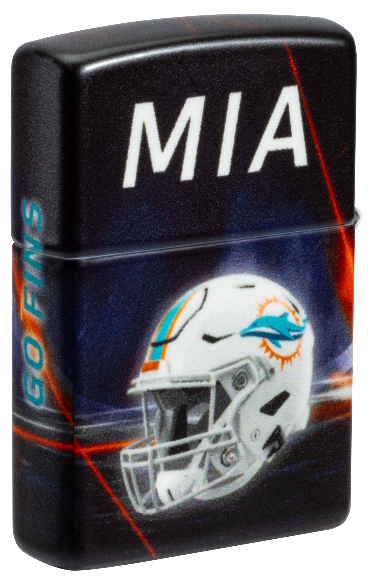 Back shot of Zippo NFL Miami Dolphins 540 Matte Windproof Lighter standing at a 3/4 angle.