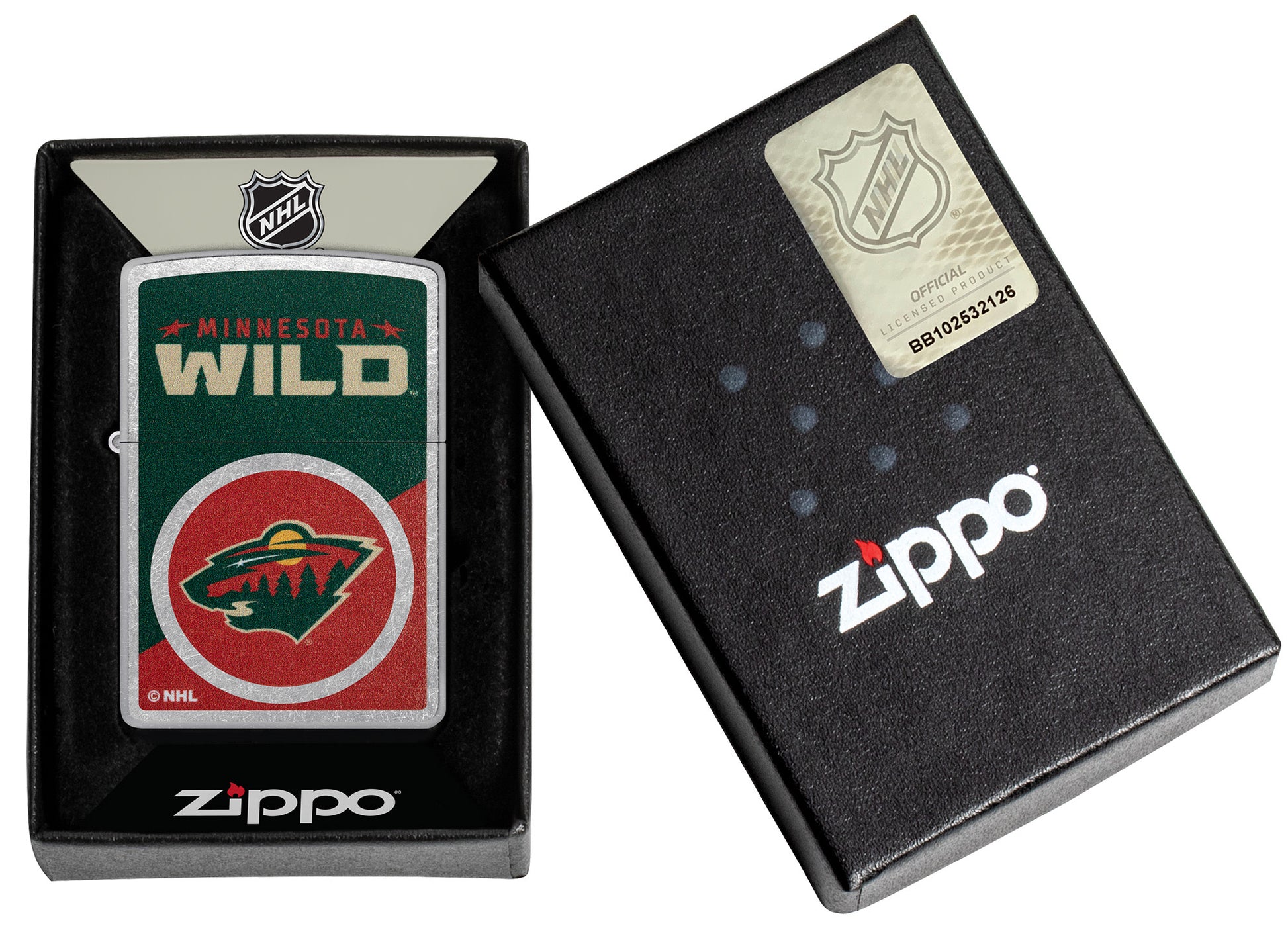 Zippo NHL® Minnesota Wild® 2024 Street Chrome™ Windproof Lighter in its packaging.