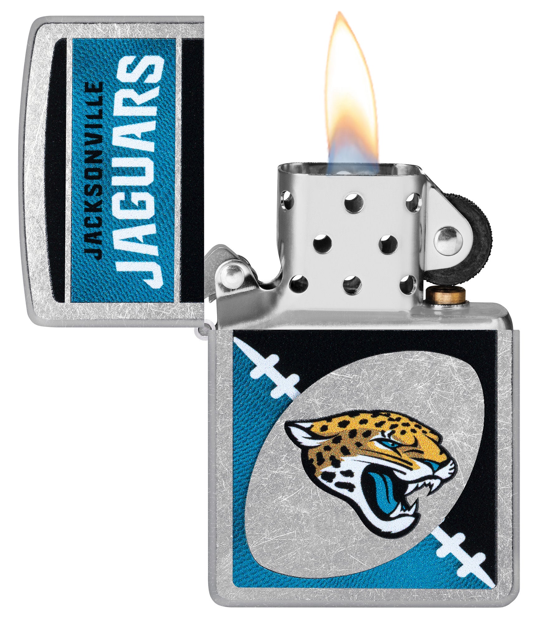 Zippo NFL Jacksonville Jaguars Street Chrome Windproof Lighter with its lid open and lit.