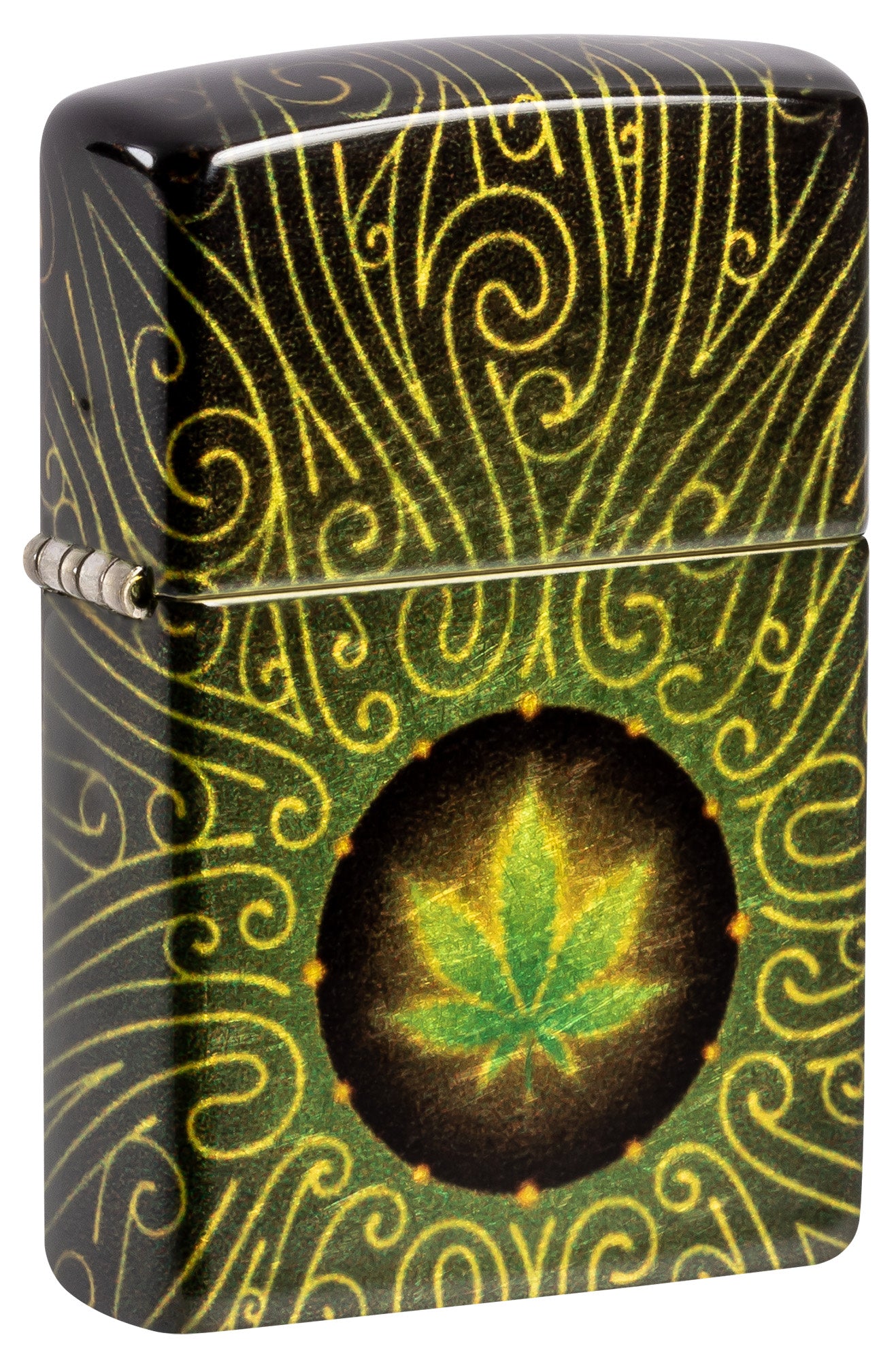 Front shot of Zippo Cannabis Maze Design 540 Tumbled Brass Windproof Lighter standing at a 3/4 angle.