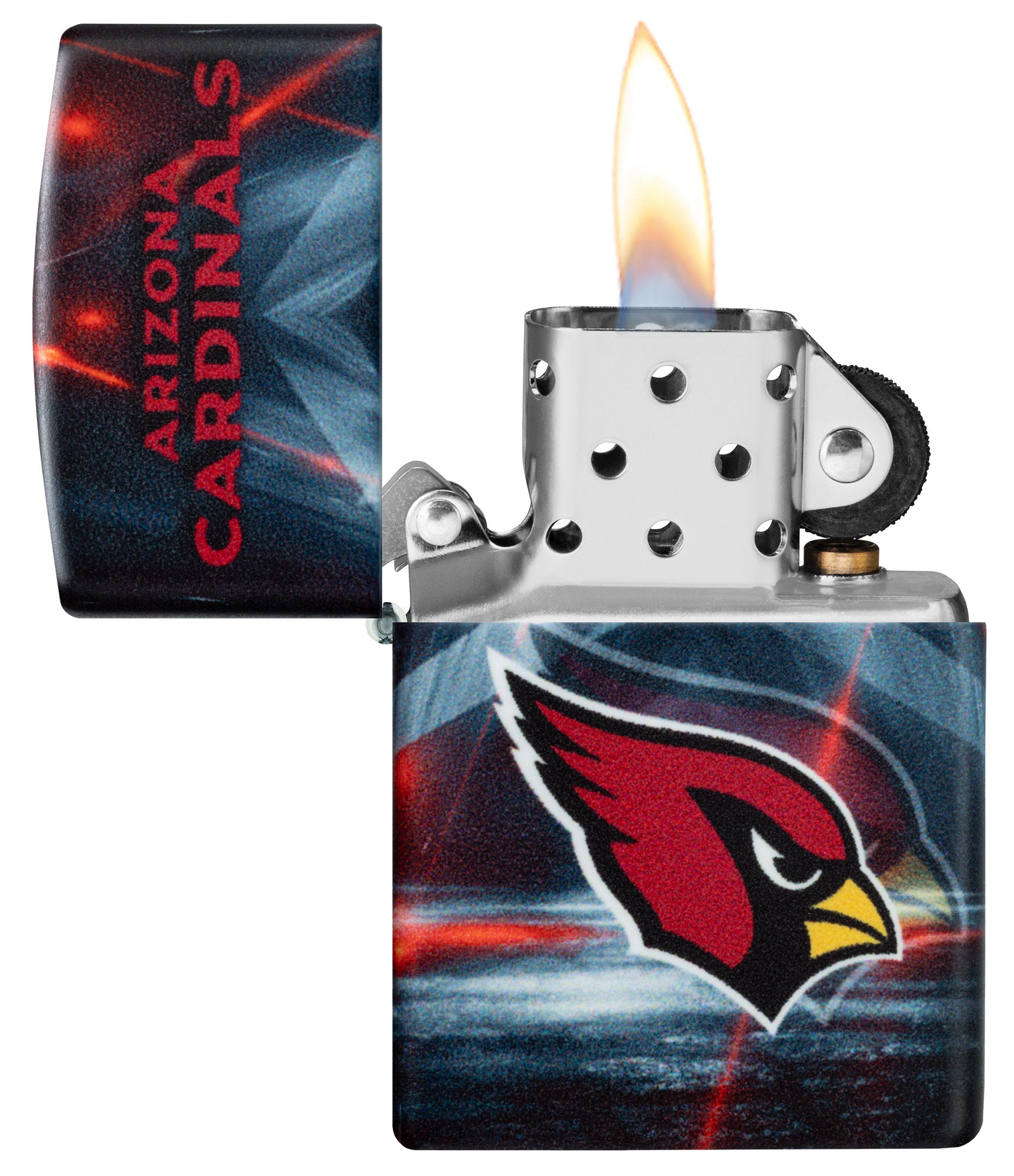 Zippo NFL Arizona Cardinals 540 Matte Windproof Lighter with its lid open and lit.