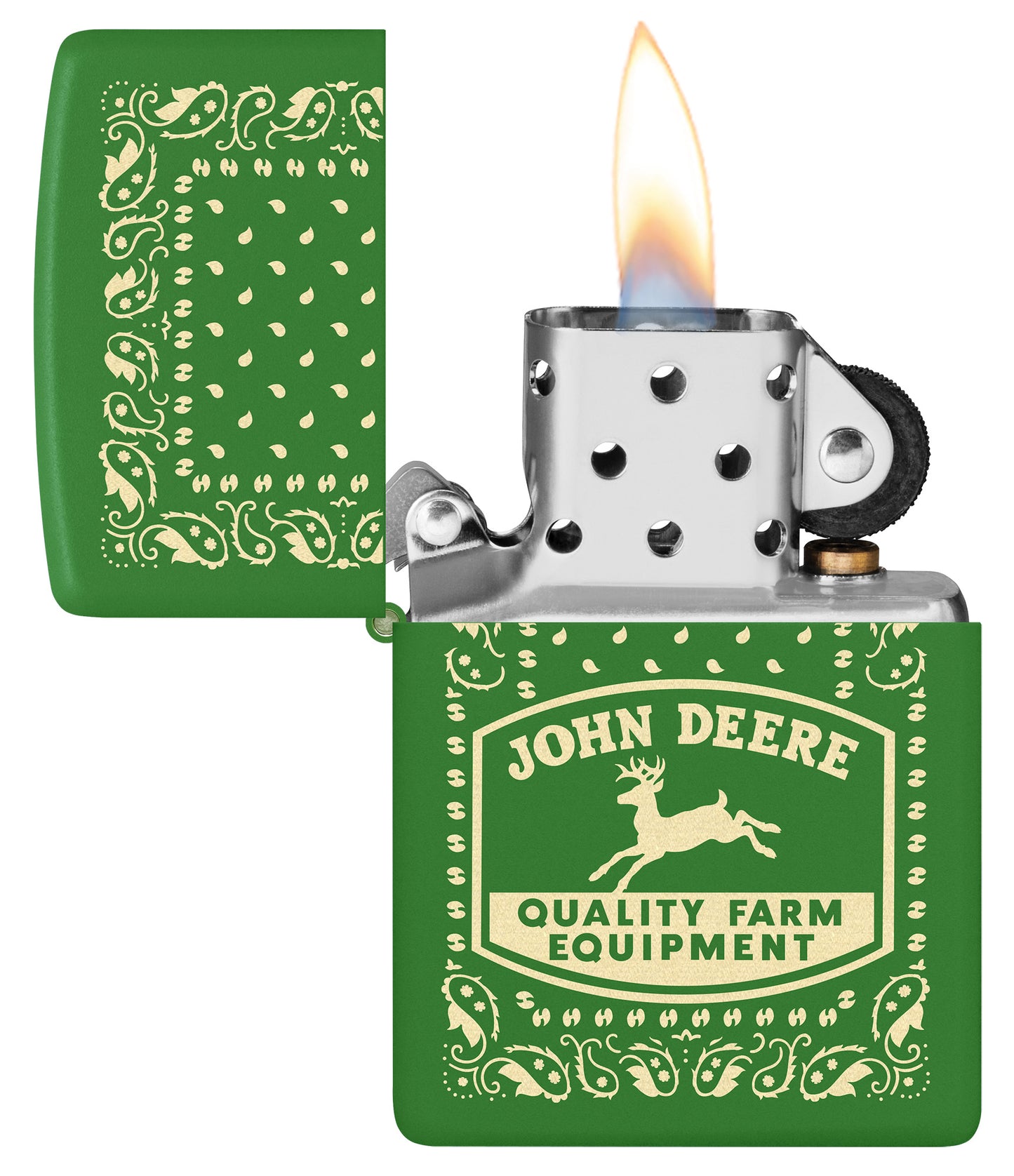 Zippo John Deere Paisley Design Moss Green Windproof Lighter with its lid open and lit.


