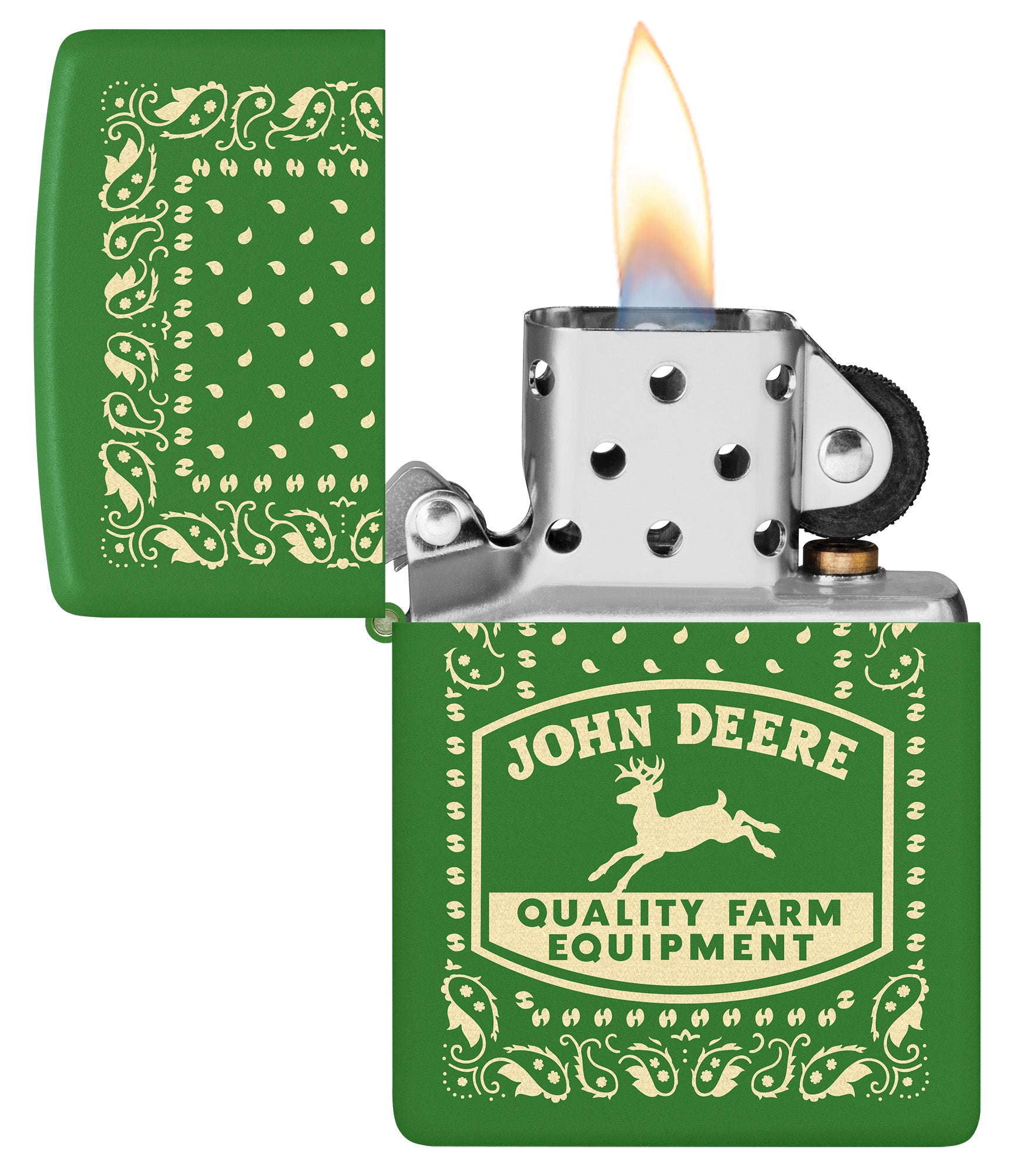 Zippo John Deere Paisley Design Moss Green Windproof Lighter with its lid open and lit.


