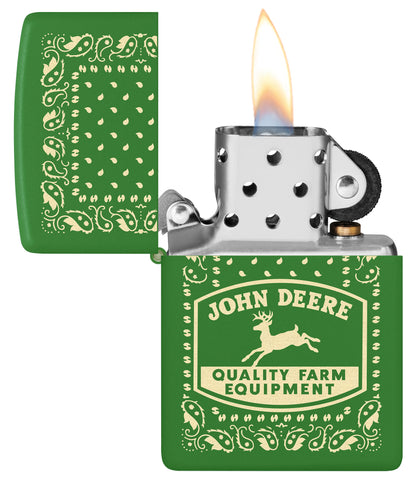 Zippo John Deere Paisley Design Moss Green Windproof Lighter with its lid open and lit.


