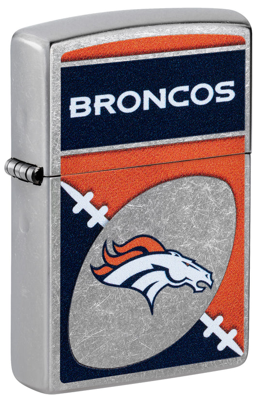 Front shot of Zippo NFL Denver Broncos Street Chrome Windproof Lighter standing at a 3/4 angle.