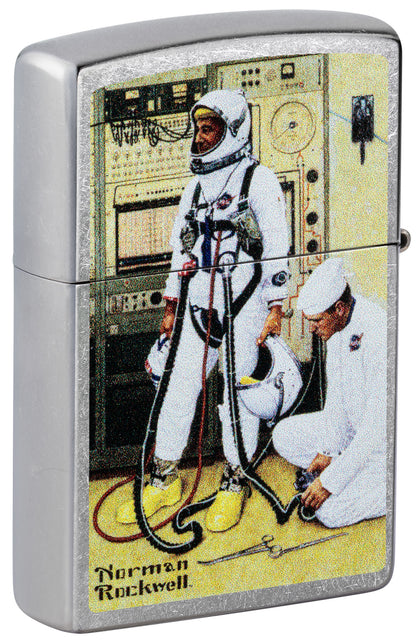 Back view of Zippo Norman Rockwell Astronaut Street Chrome Windproof Lighter standing at a 3/4 angle.