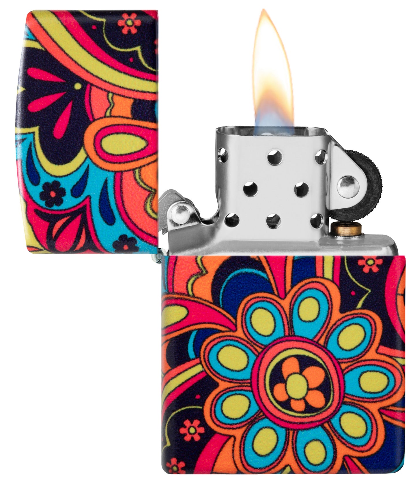 Zippo Flower Power Design 540 Matte Windproof Lighter with its lid open and lit.
