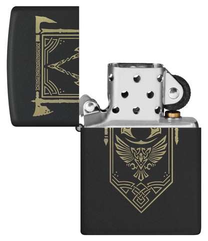 Zippo Assassin's Creed Design Black Matte Windproof Lighter with its lid open and unlit.