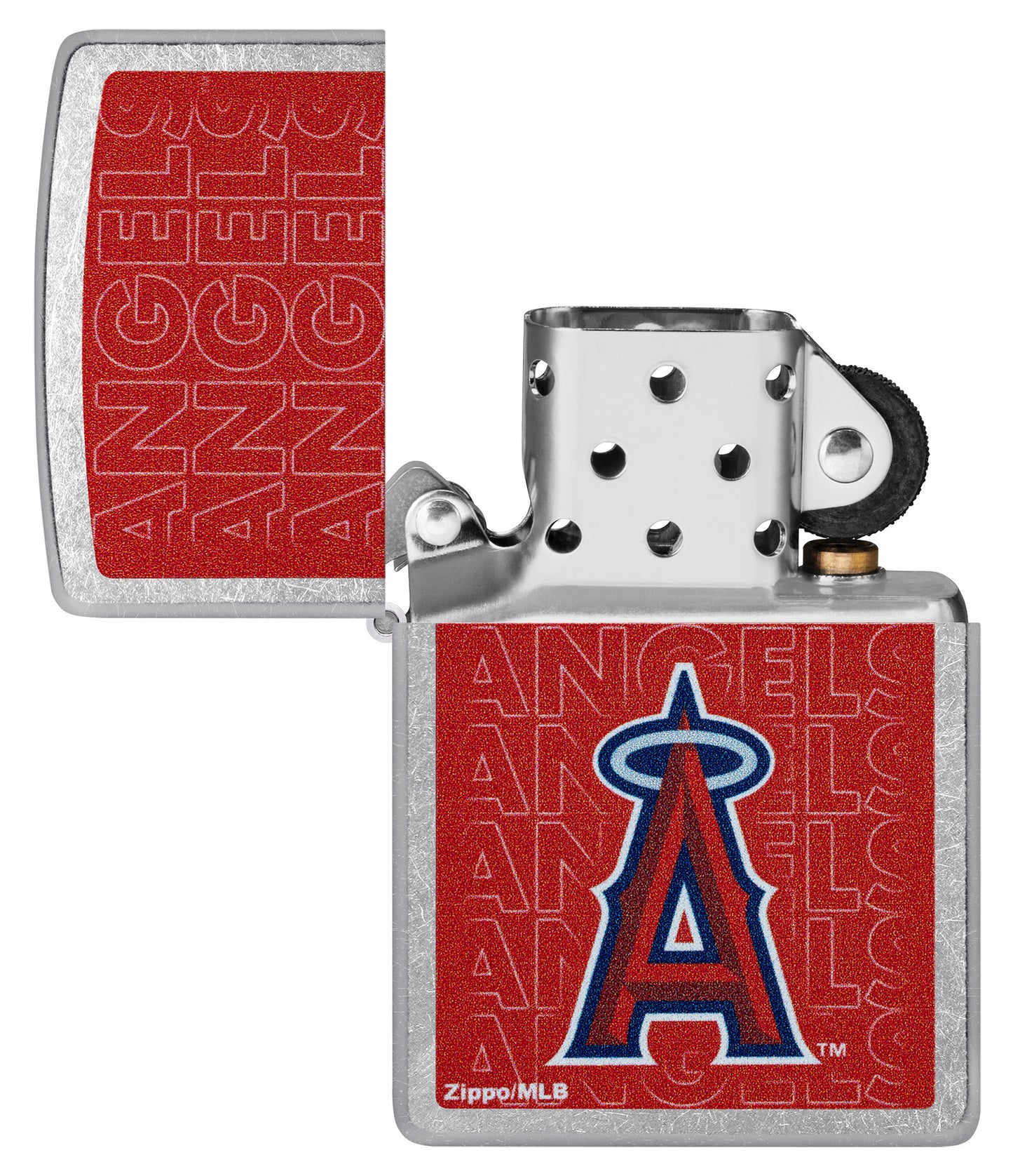 Zippo MLB® Los Angeles Angels Street Chrome Windproof Lighter with its lid open and unlit.