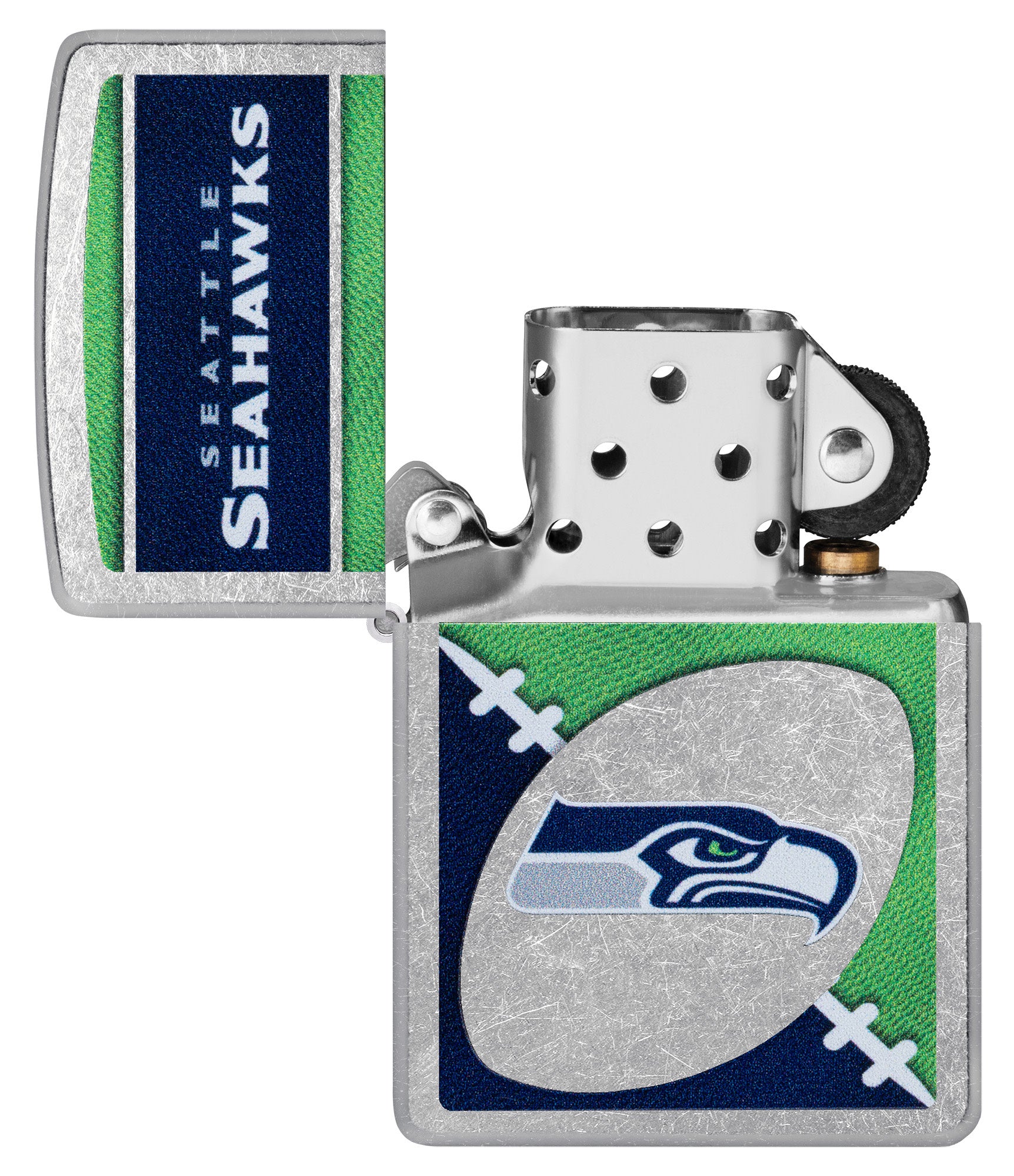 Zippo NFL Seattle Seahawks Street Chrome Windproof Lighter with its lid open and unlit.