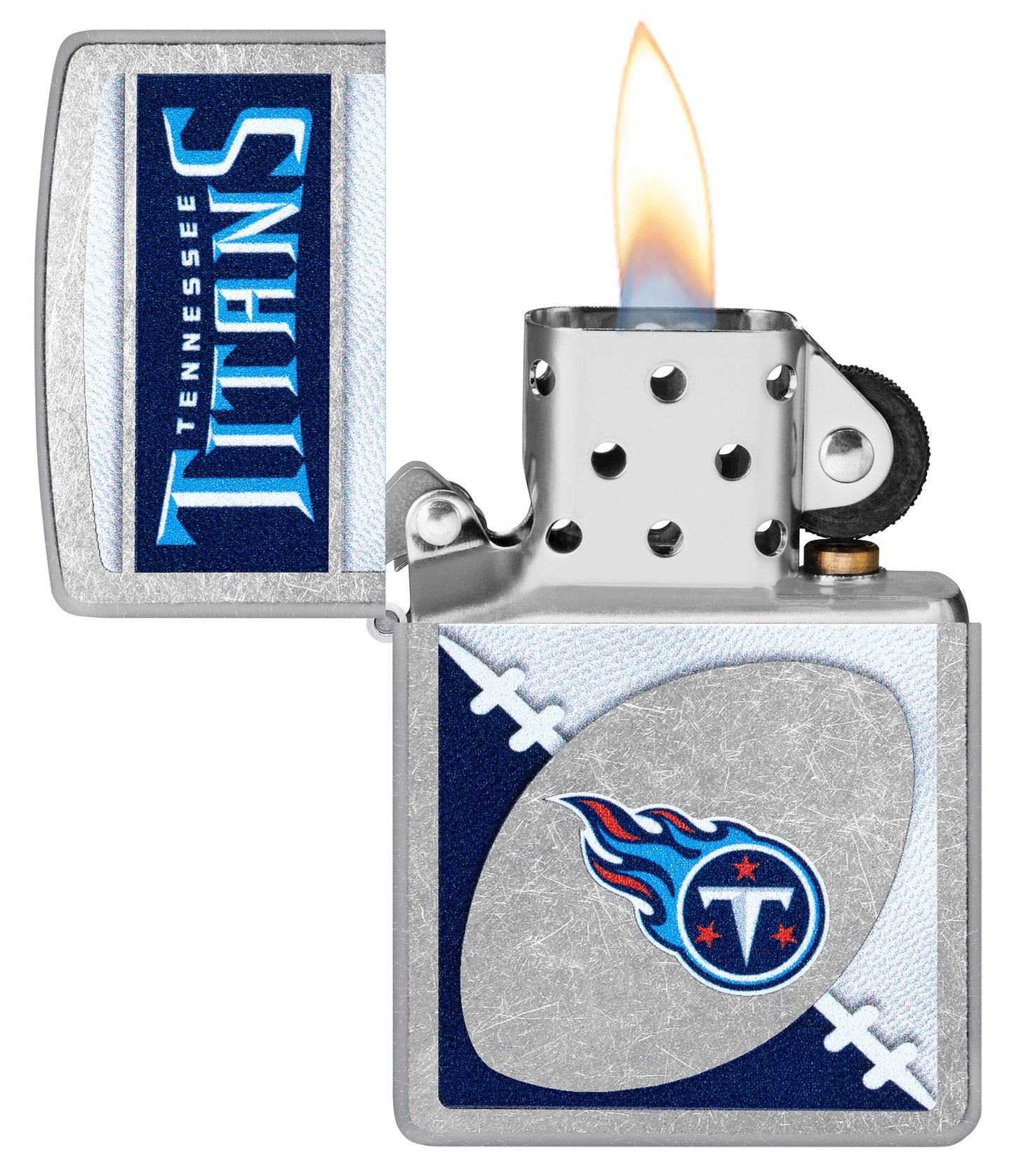 Zippo NFL Tennessee Titans Street Chrome Windproof Lighter with its lid open and lit.