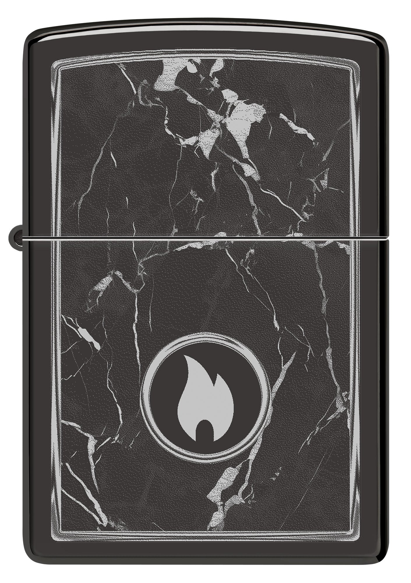 Front view of Zippo Marble Flame Design High Polish Black Windproof Lighter.