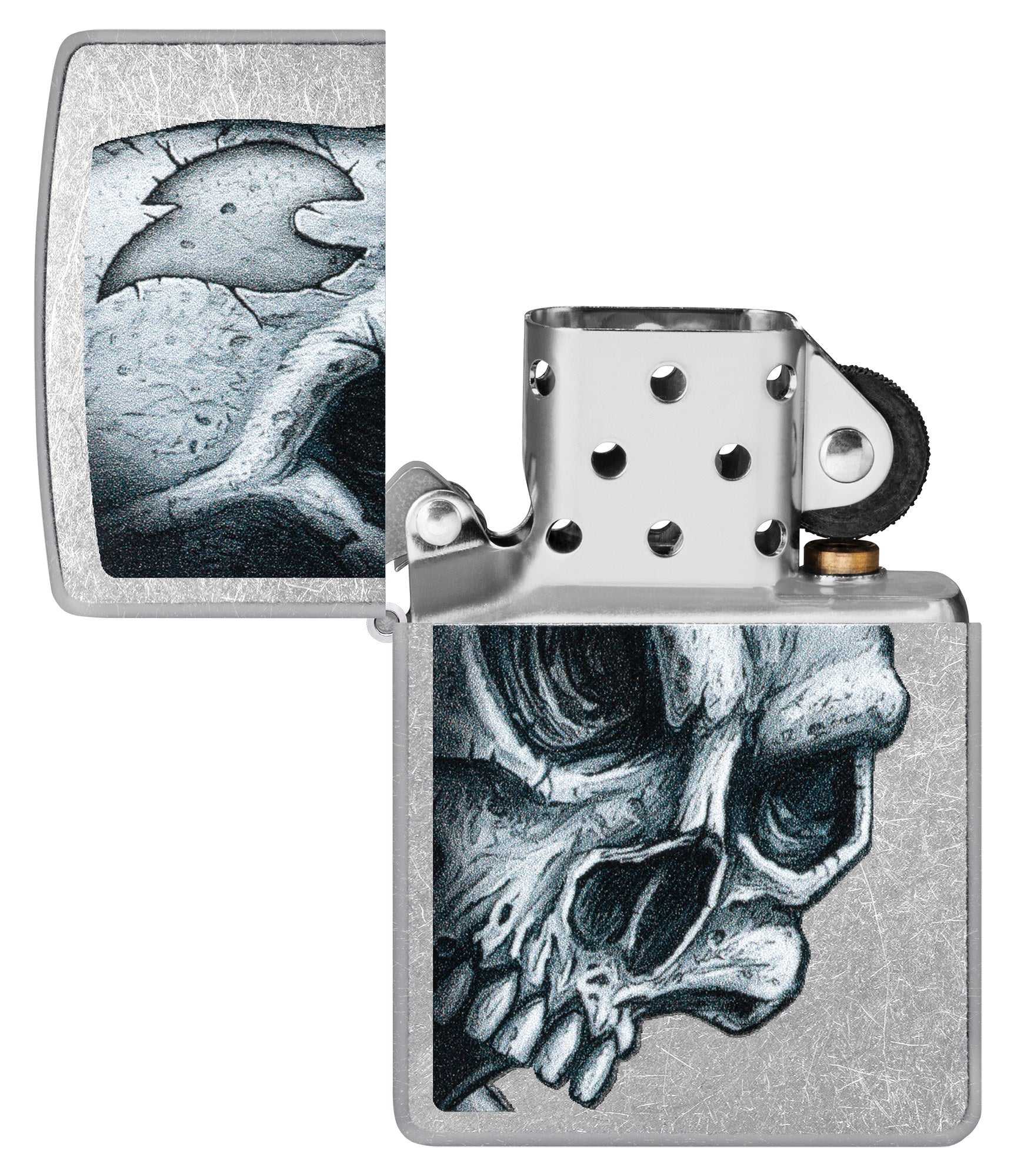 Zippo Skull and Flame Design Street Chrome Windproof Lighter with its lid open and unlit.