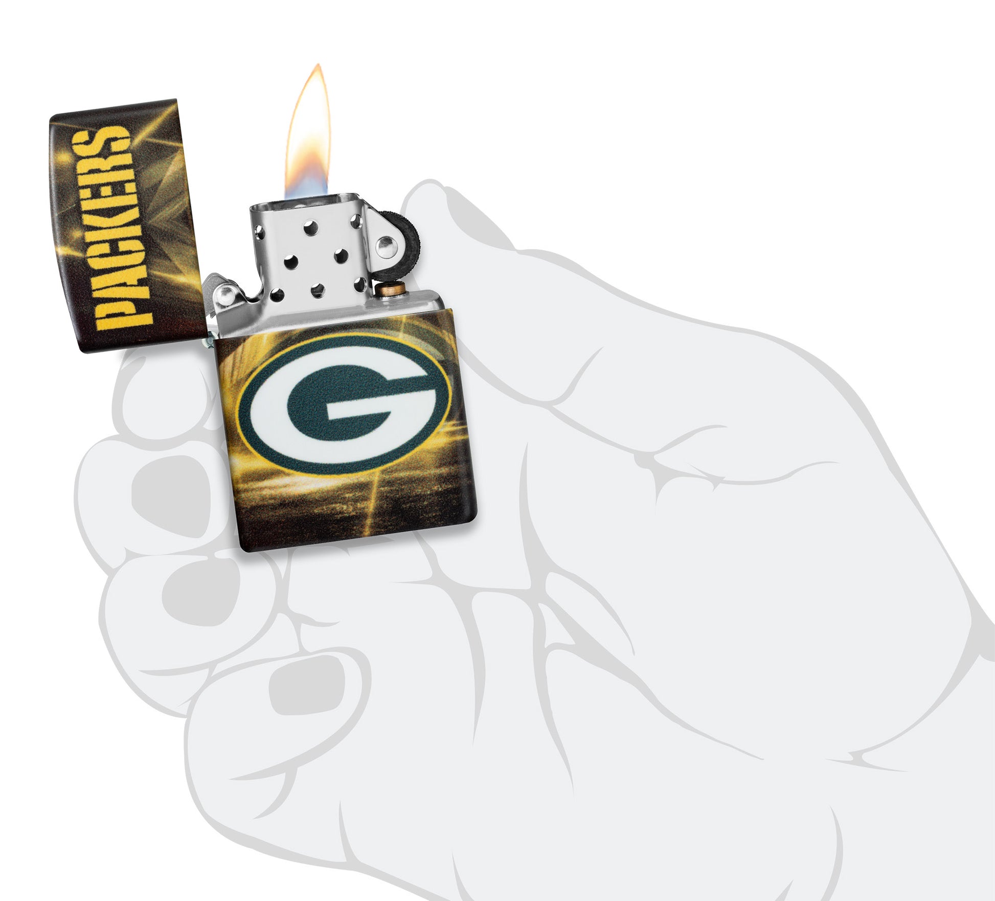 Zippo NFL Green Bay Packers 540 Matte Windproof Lighter lit in hand.