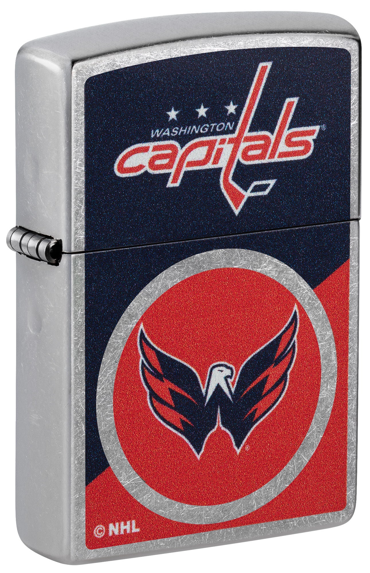 Front shot of Zippo NHL® Washington Capitals® 2024 Street Chrome™ Windproof Lighter standing at a 3/4 angle.