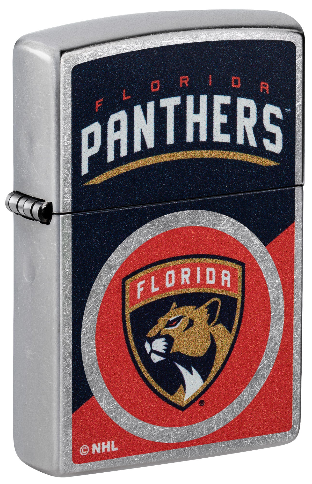 Front shot of Zippo NHL® Florida Panthers® 2024 Street Chrome™ Windproof Lighter standing at a 3/4 angle.