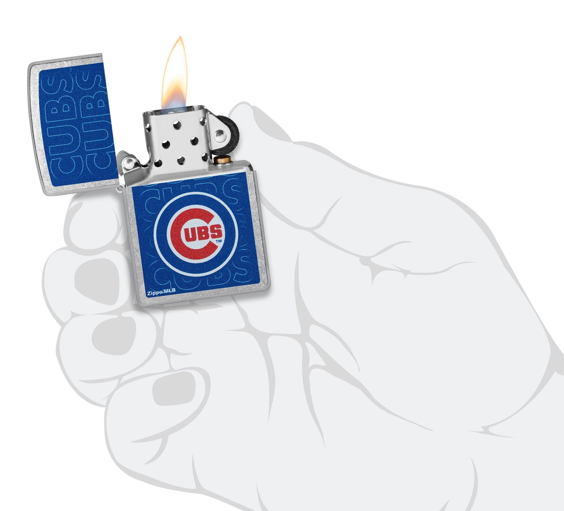 Zippo MLB® Chicago Cubs Street Chrome Windproof Lighter lit in hand.