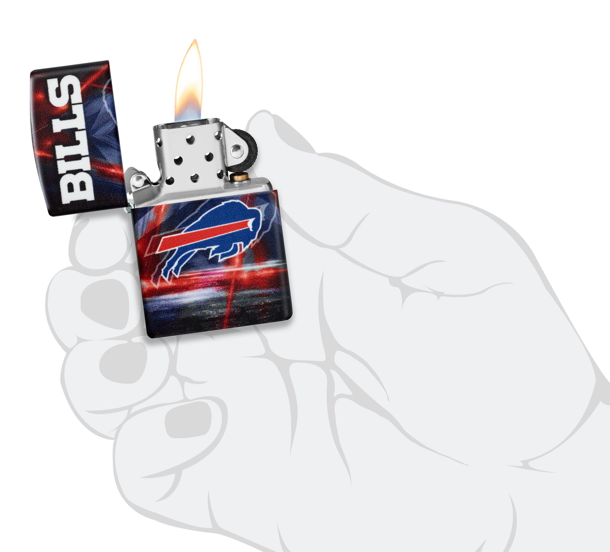 Zippo NFL Buffalo Bills 540 Matte Windproof Lighter lit in hand.