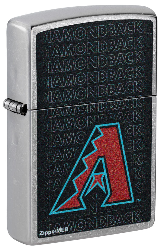 Front shot of Zippo MLB® Arizona Diamondbacks Street Chrome Windproof Lighter standing at a 3/4 angle.