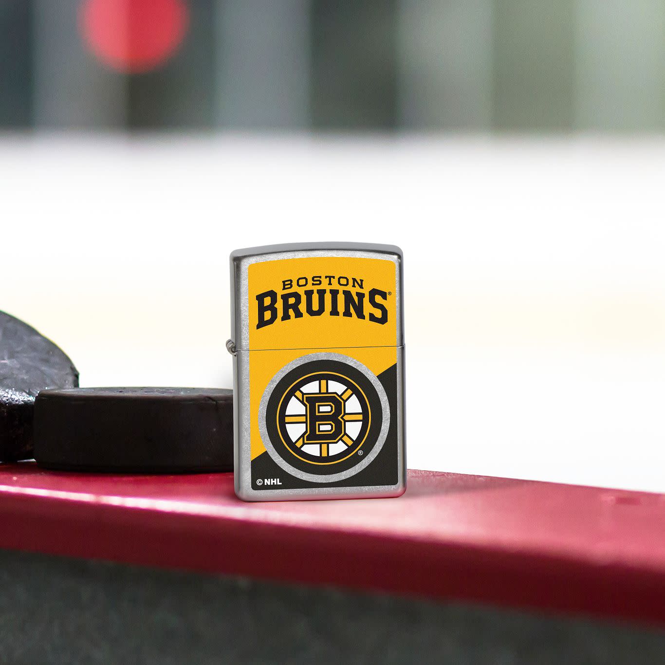 Front view of Zippo NHL® Boston Bruins® 2024 Street Chrome™ Windproof Lighter.