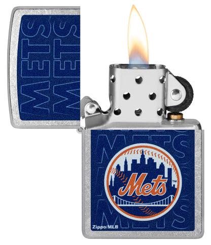 Zippo MLB® New York Mets Street Chrome Windproof Lighter with its lid open and lit.