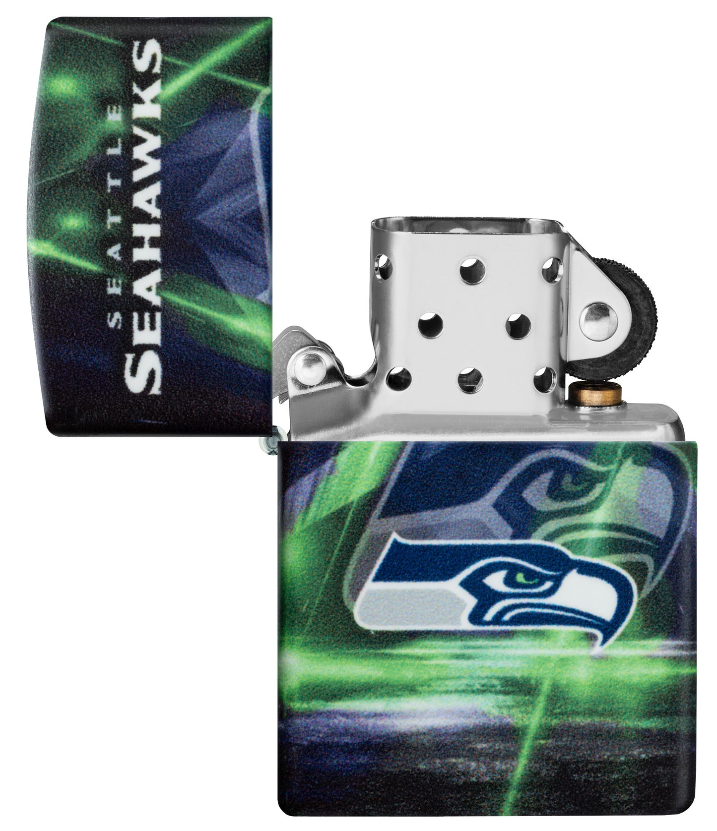 Zippo NFL Seattle Seahawks 540 Matte Windproof Lighter with its lid open and unlit.