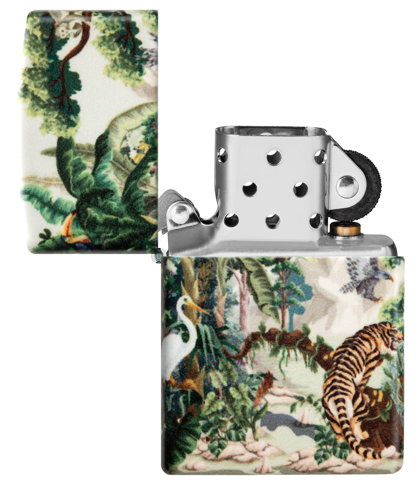 Zippo Jungle Design 540 Matte Windproof Lighter with its lid open and unlit.