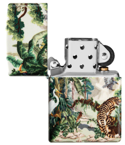 Zippo Jungle Design 540 Matte Windproof Lighter with its lid open and unlit.