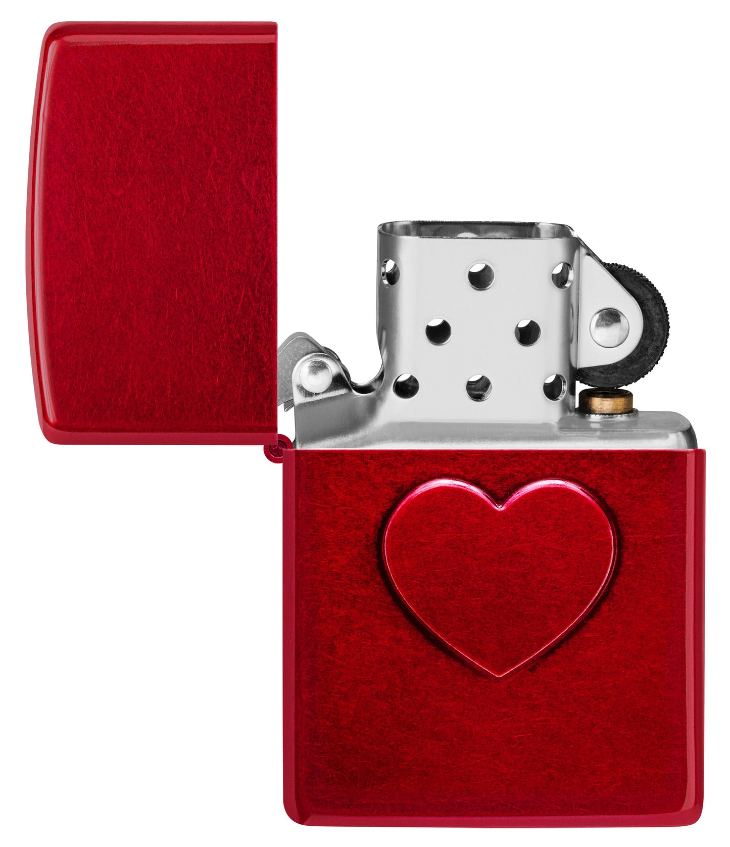 Zippo Stamped Heart Design Candy Apple Windproof Lighter with its lid open and unlit.