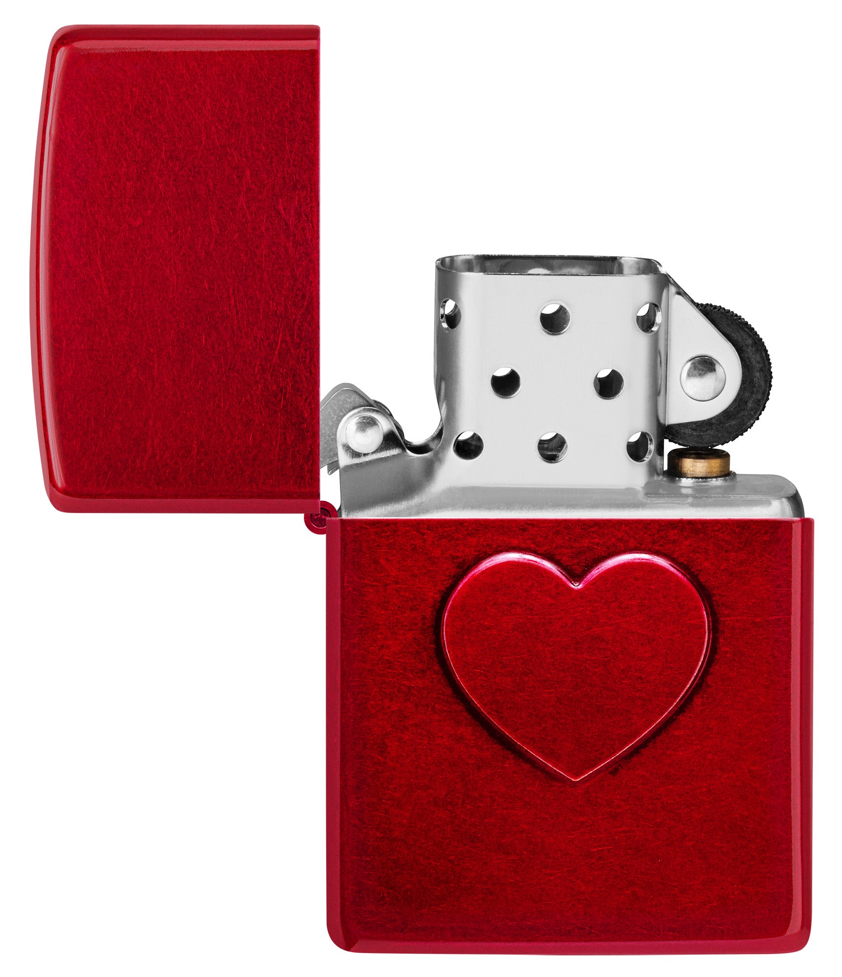 Zippo Stamped Heart Design Candy Apple Windproof Lighter with its lid open and unlit.