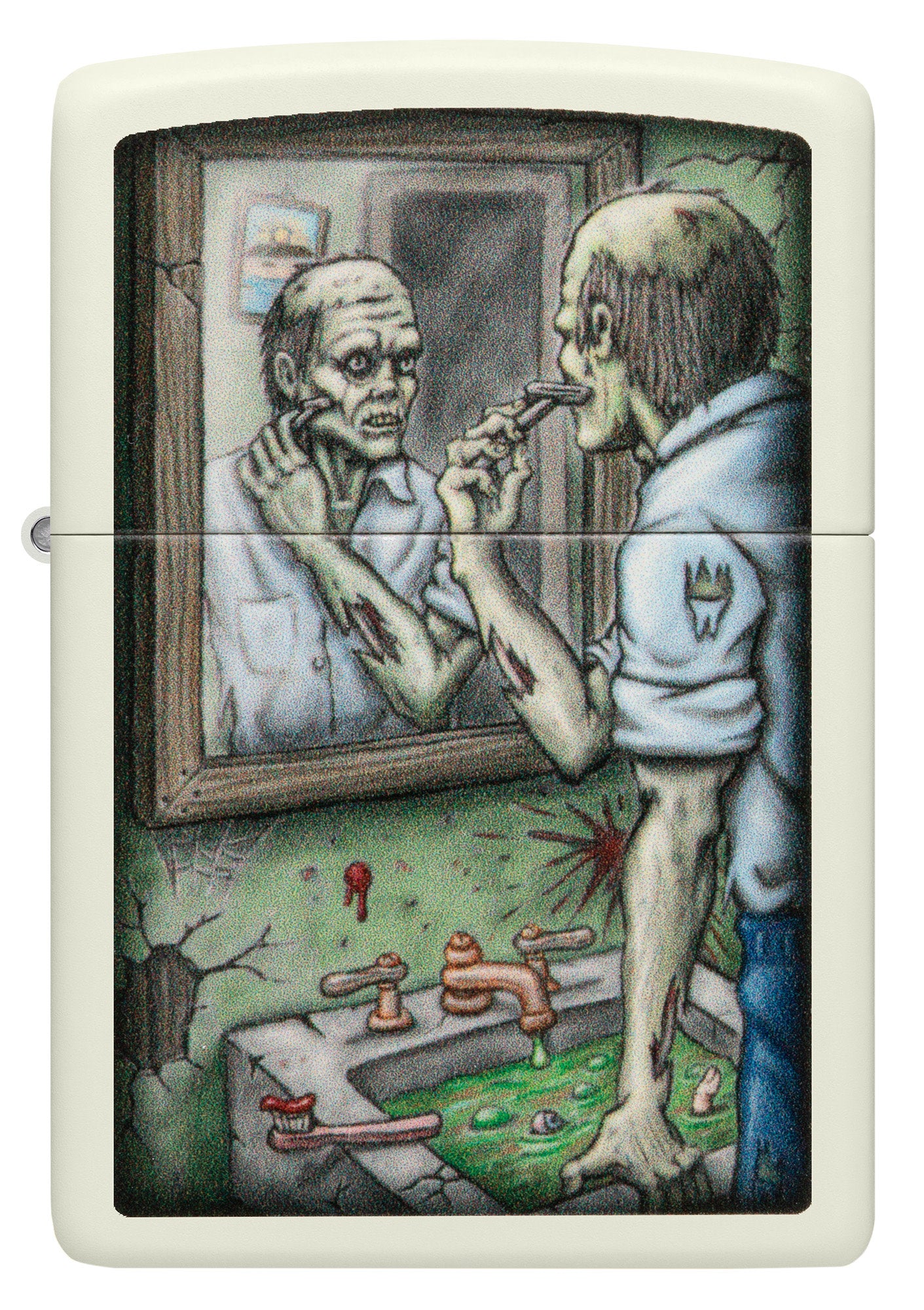 Front shot of Zippo Shaving Zombie Glow In The Dark Windproof Lighter.