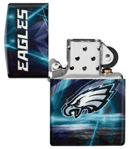 Zippo NFL Philadelphia Eagles 540 Matte Windproof Lighter with its lid open and unlit.