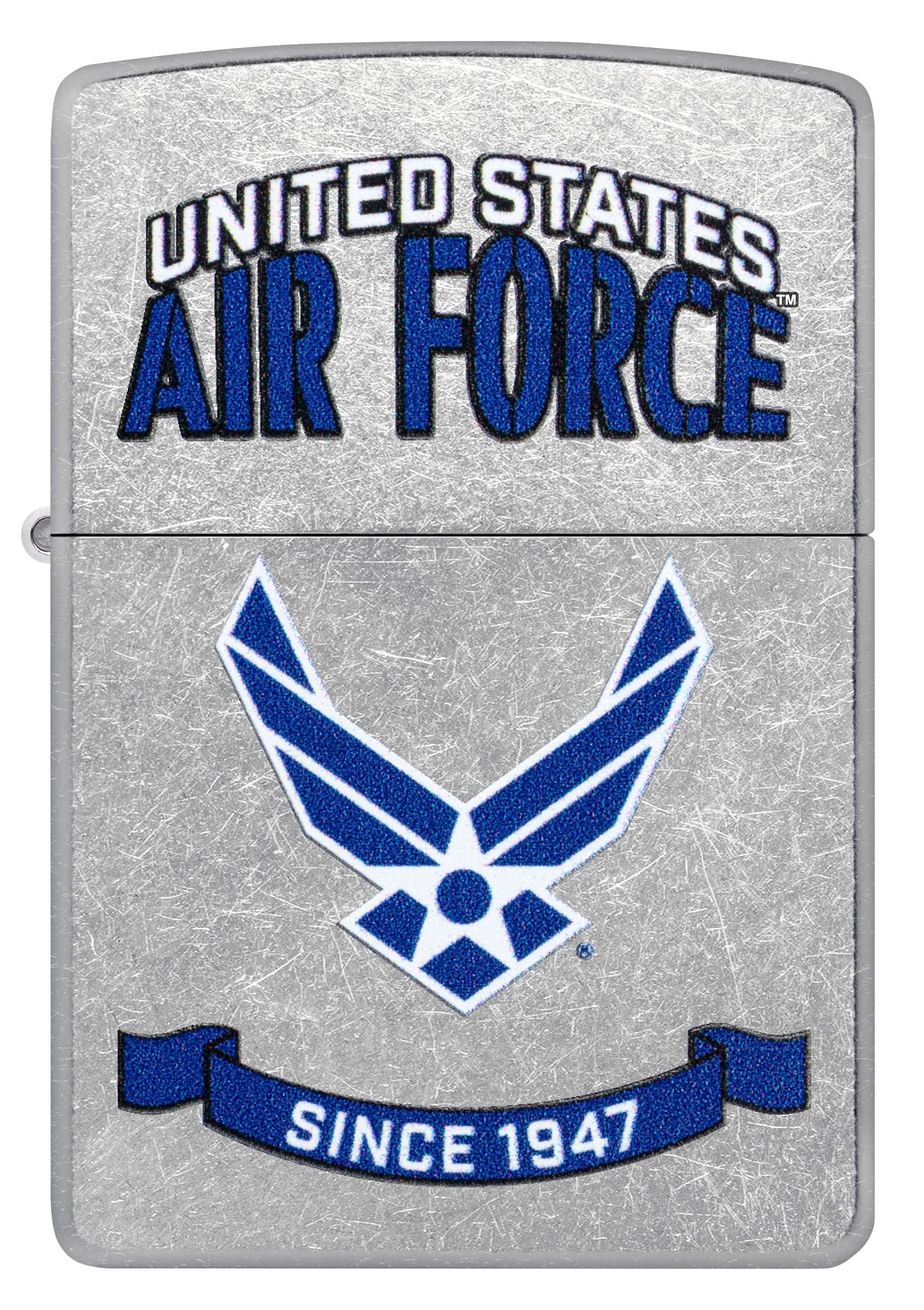 Front view of Zippo U.S. Air Force™ Banner Design Street Chrome Windproof Lighter.