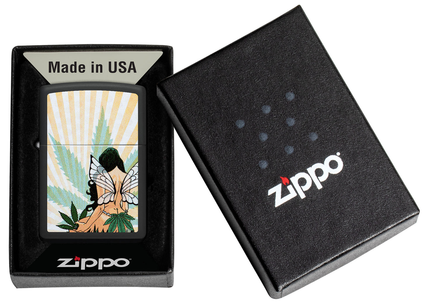 Zippo Cannabis Fairy Design Black Matte Windproof Lighter in its packaging.