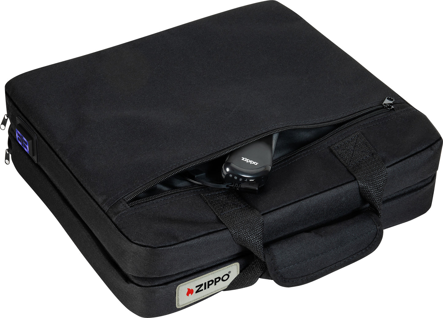 Top view of Zippo Heated Seat - Double, while closed, showing the HeatBank 9s (included) inside the USB power source pocket.