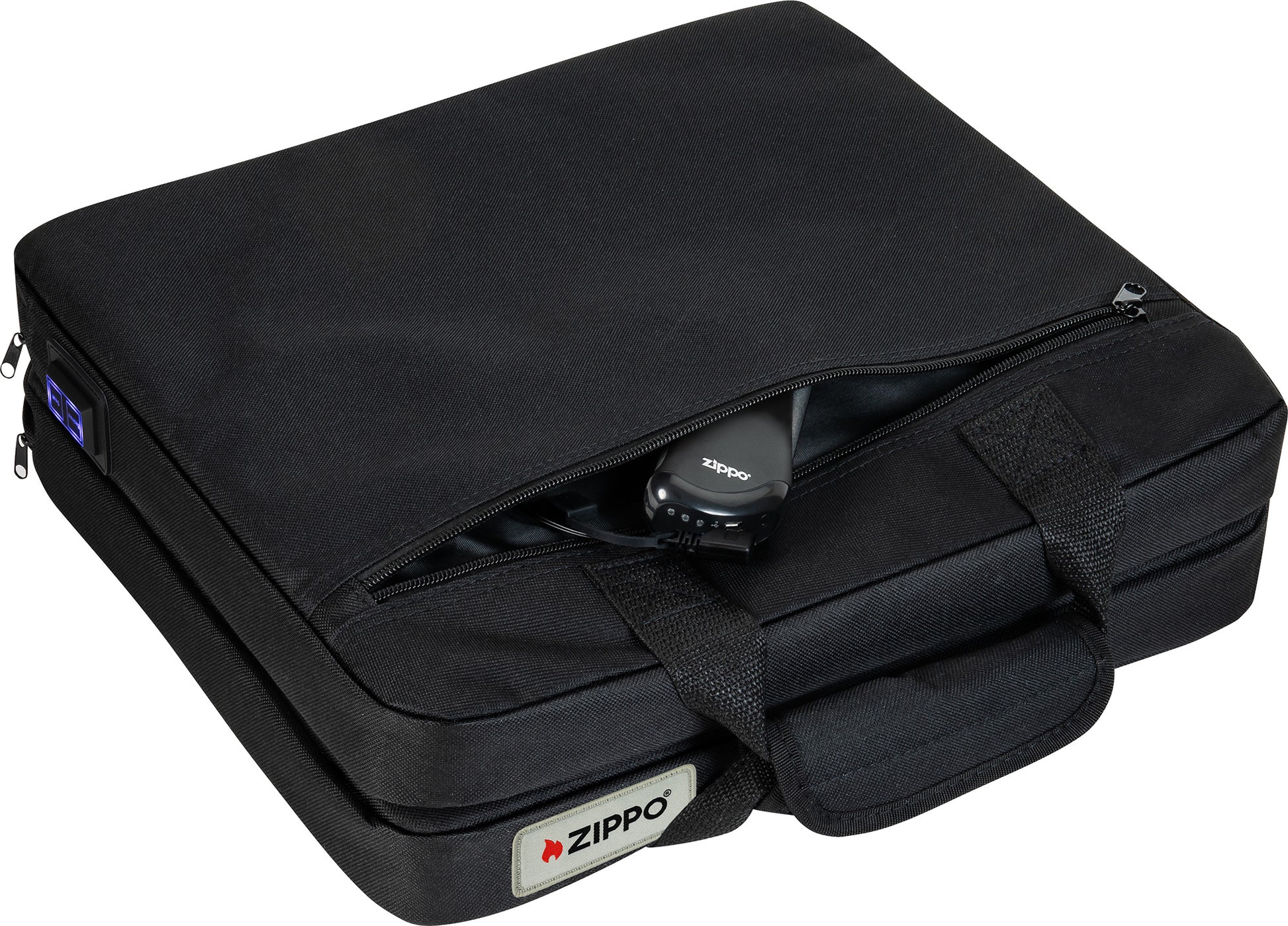 Top view of Zippo Heated Seat - Double, while closed, showing the HeatBank 9s (included) inside the USB power source pocket.