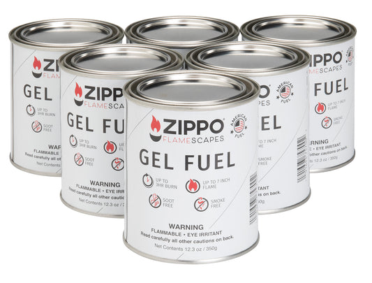 Front shot of 6 Zippo FlameScapesâ„¢ Gel Fuel cans.