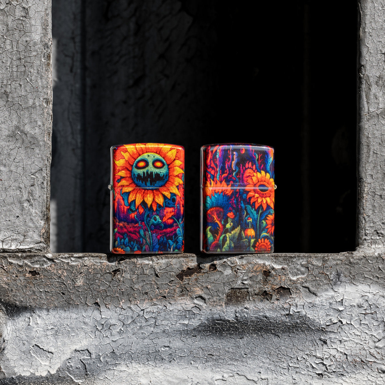 Lifestyle image of Zippo Spooky Sunflower Design 540 Tumbled Brass Windproof Lighter