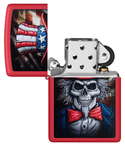 Zippo Uncle Skeleton Design Red Matte Windproof Lighter with its lid open and unlit.