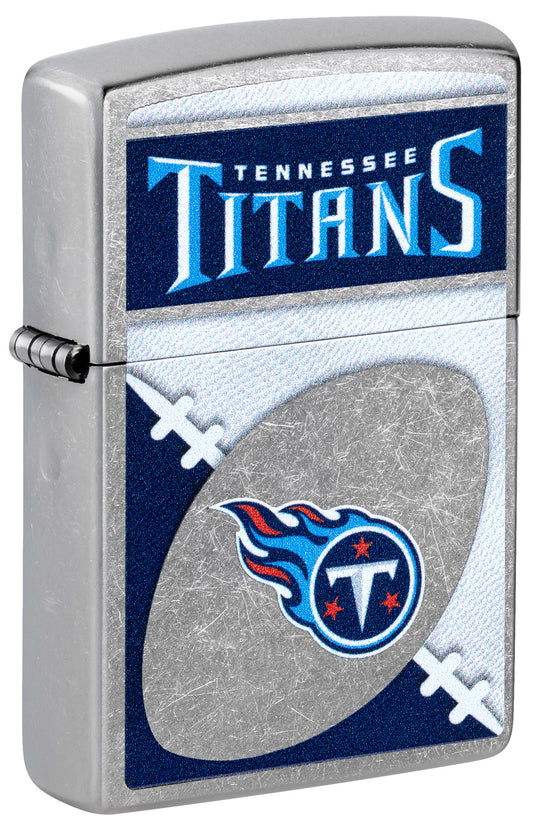 Front shot of Zippo NFL Tennessee Titans Street Chrome Windproof Lighter standing at a 3/4 angle.