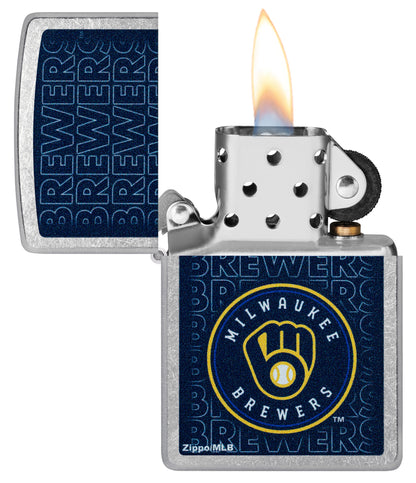 Zippo MLB® Milwaukee Brewers Street Chrome Windproof Lighter with its lid open and lit.