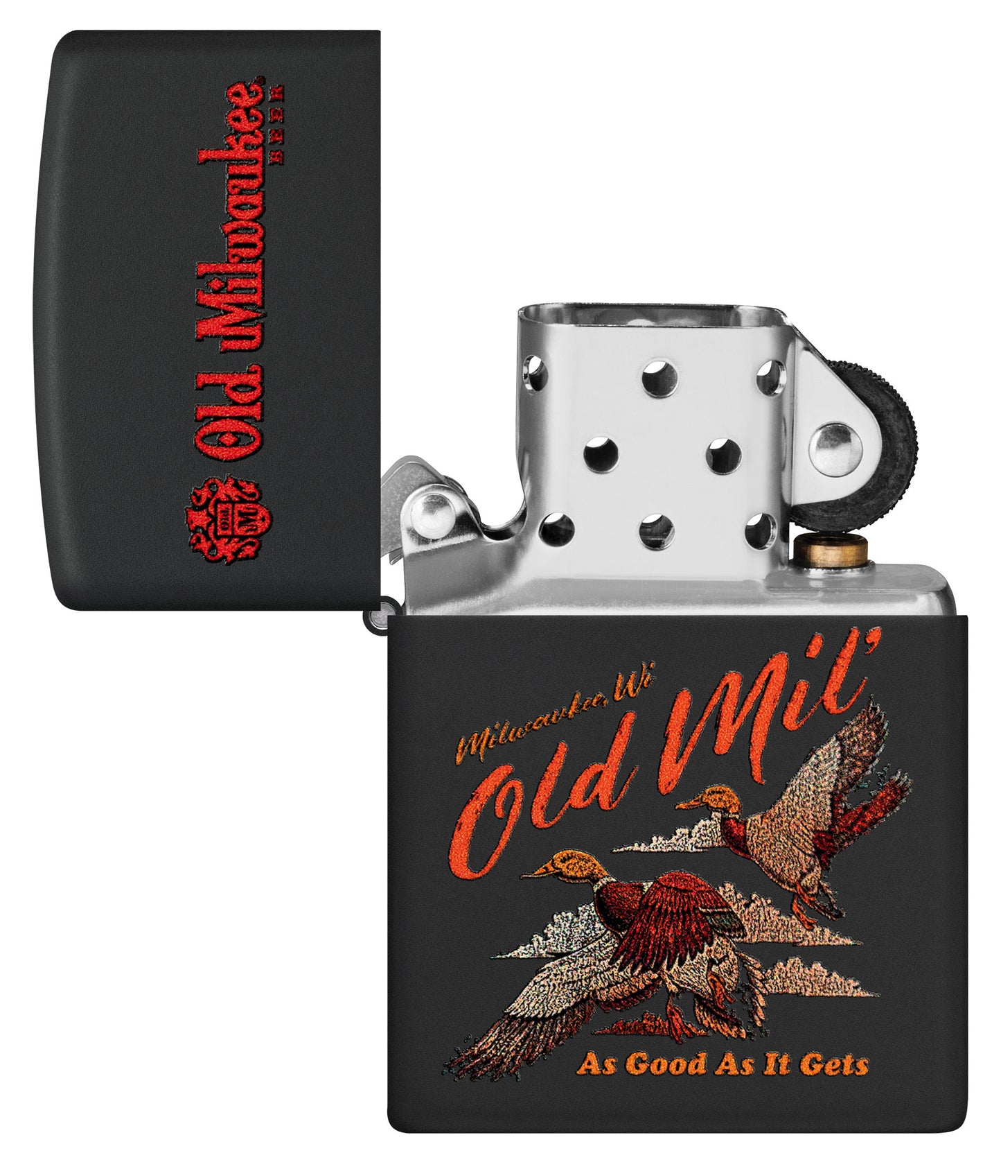 Zippo Old Milwaukee Duck Hunt Design Black Matte Windproof Lighter with its lid open and unlit.