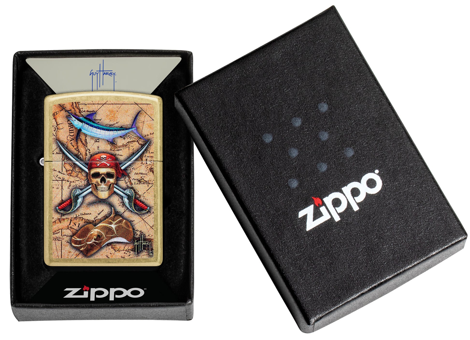 Zippo Guy Harvey Regular Street Brass Windproof Lighter in its packaging.